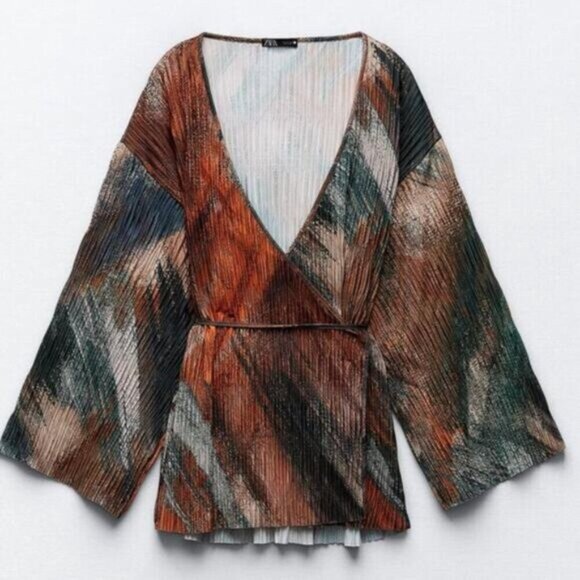 Zara Pleated Printed Kimono Wrap Small - Picture 2 of 8
